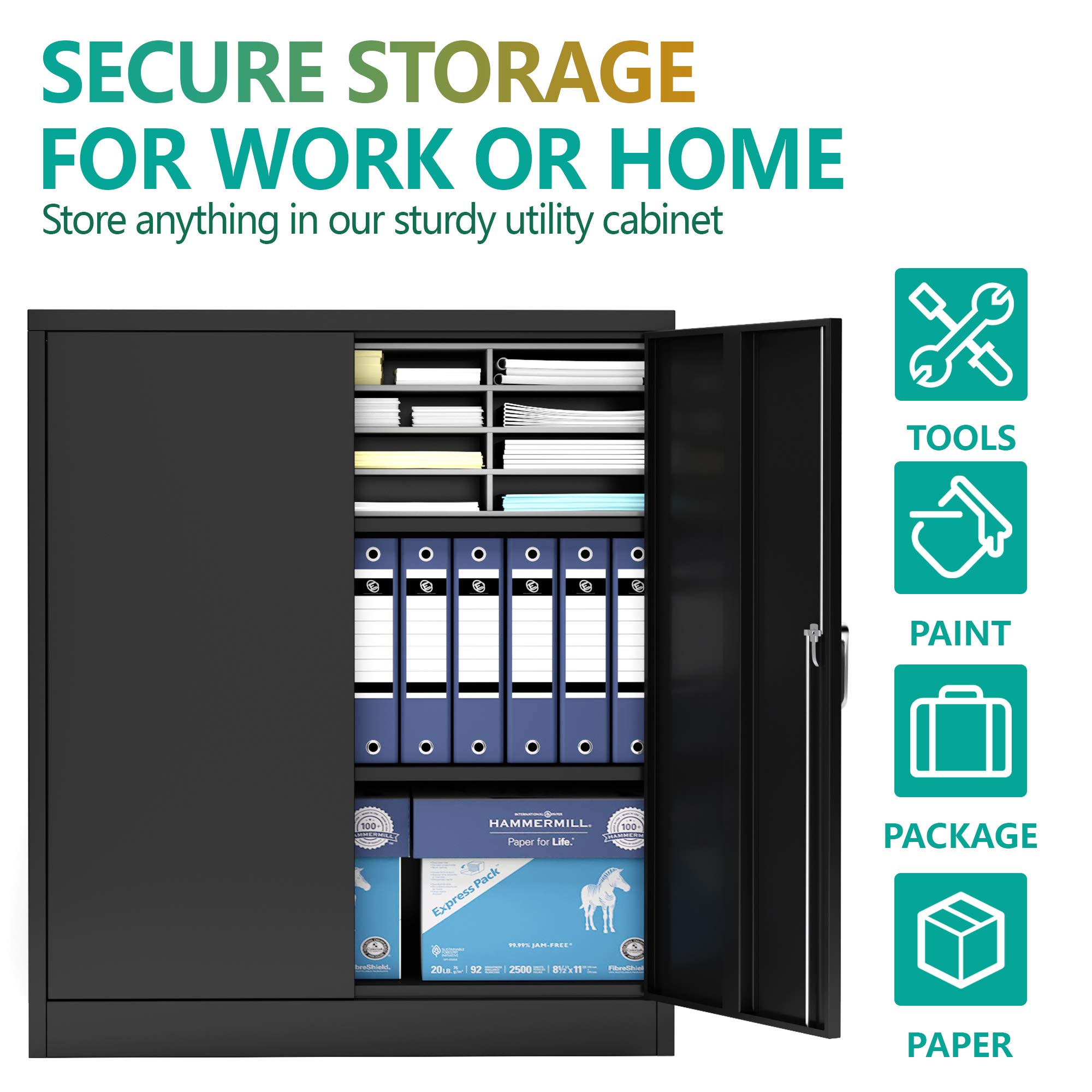 Black Metal Storage Cabinet with 2 Locking Doors & Adjustable Shelves - 41.6
