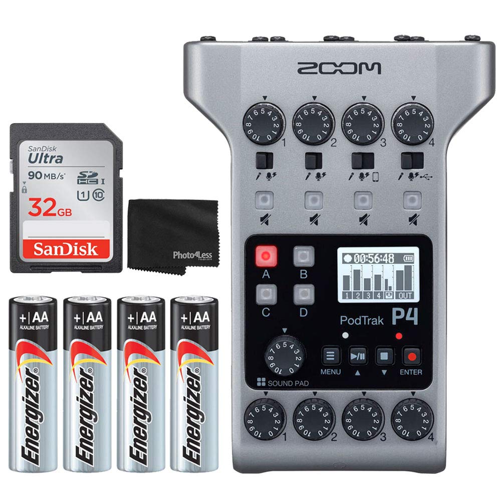Zoom PodTrak P4 Portable 4-Track Podcast Recorder Kit with 32GB SD Card, Batteries & Accessories - Perfect for Home Studio, Field Recording & Podcast Interviews
