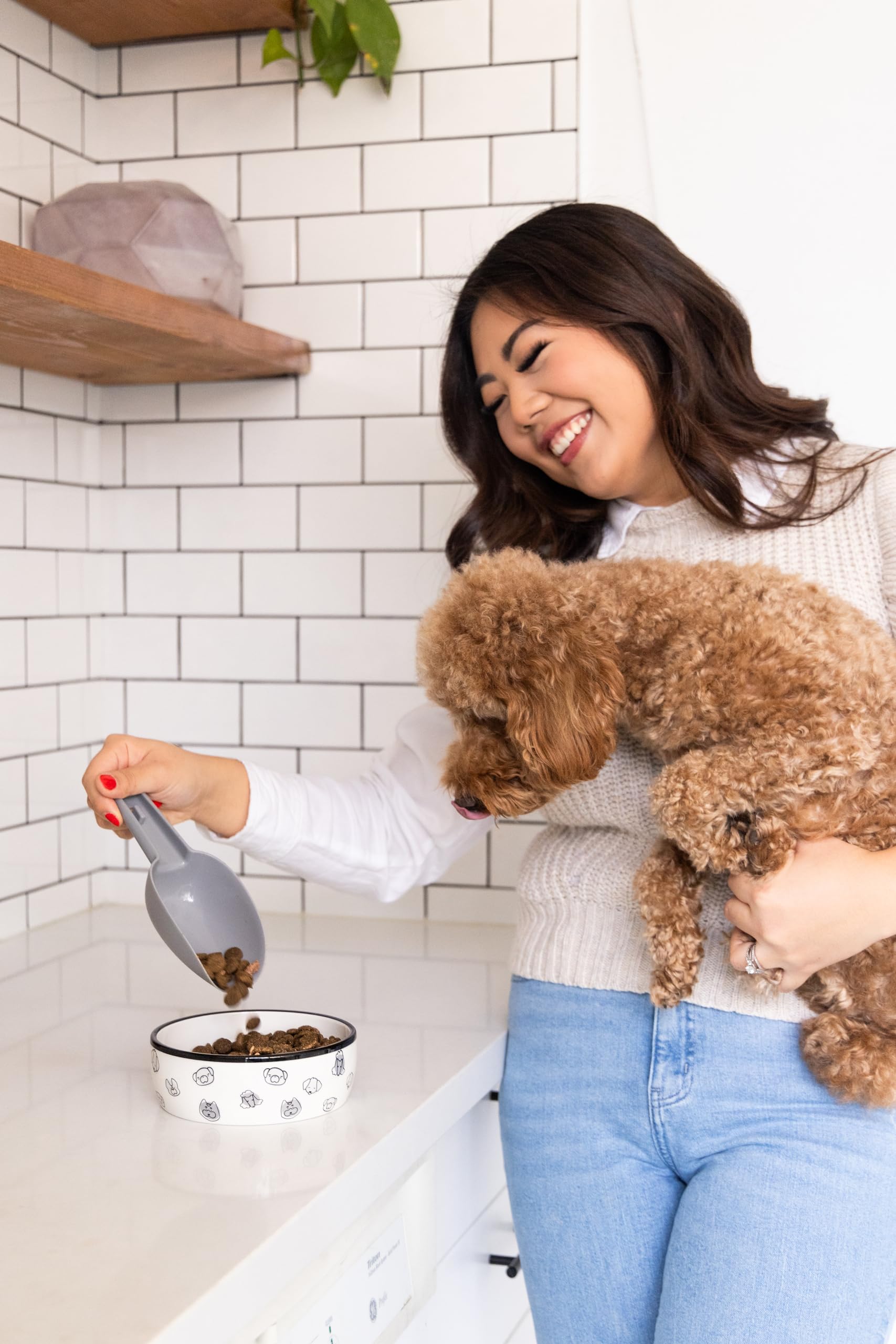 Pearhead Gray Dog Faces Pattern Ceramic Dog Bowl - 2 Cup Capacity Medium Pet Food & Water Dish - Microwave & Dishwasher Safe - Perfect for Indoor & Outdoor Feeding