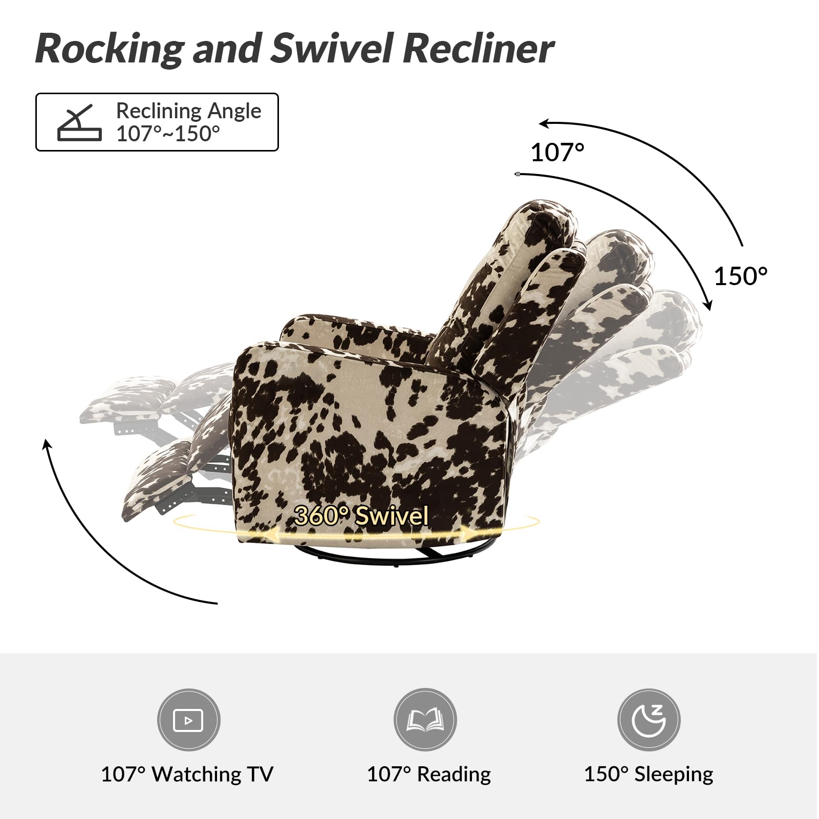 HULALA HOME 2-Piece Recliner Chair Set - Modern Printed Fabric Rocking Recliner Sofa with 360° Swivel, Adjustable Backrest & Footrest - Brown - Perfect for Living Room, Nursery, or Home Theater Relaxation