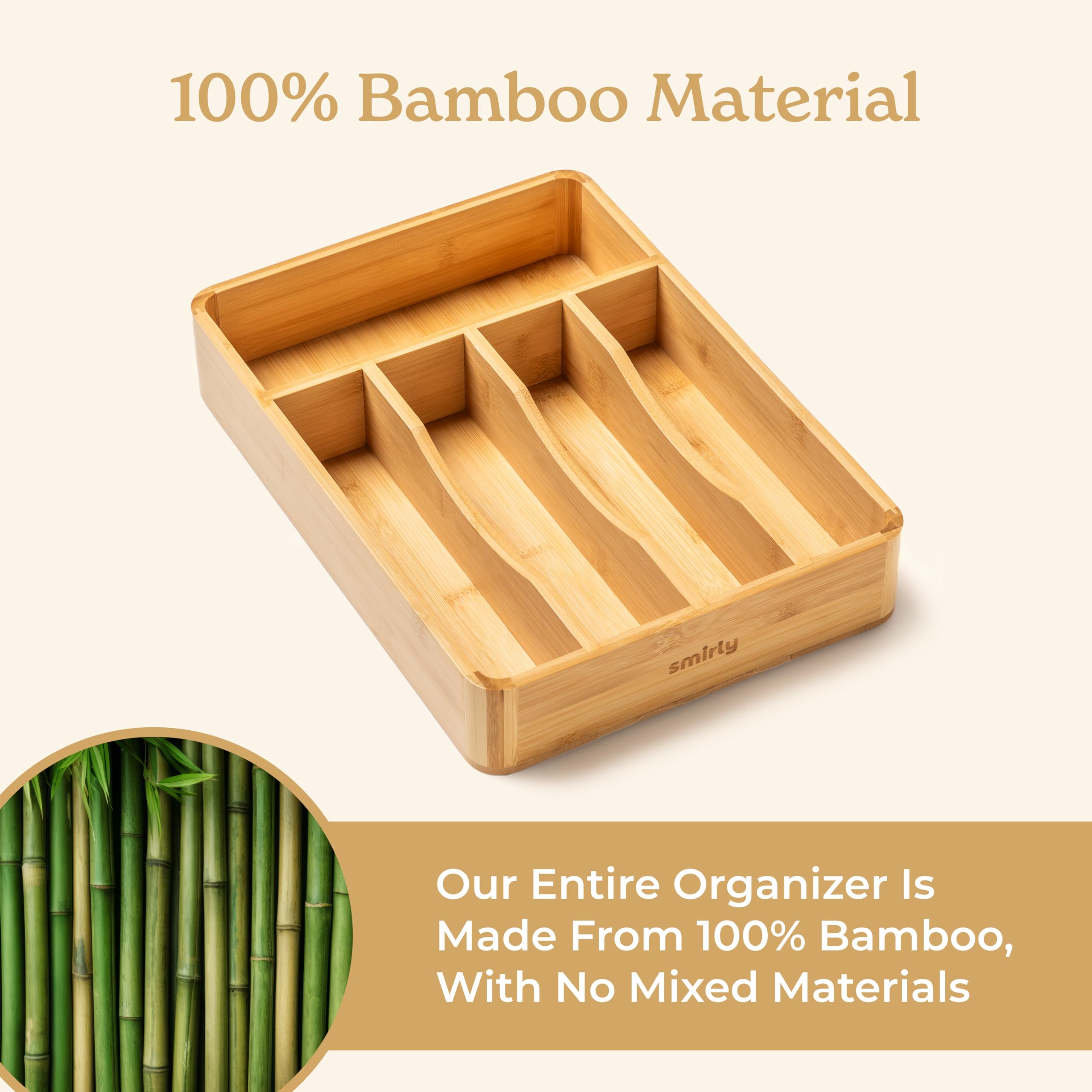 SMIRLY Bamboo Kitchen Drawer Organizer - Silverware & Utensil Tray for Knives, Forks, Spoons - Perfect for Kitchen Drawer Organization & Storage