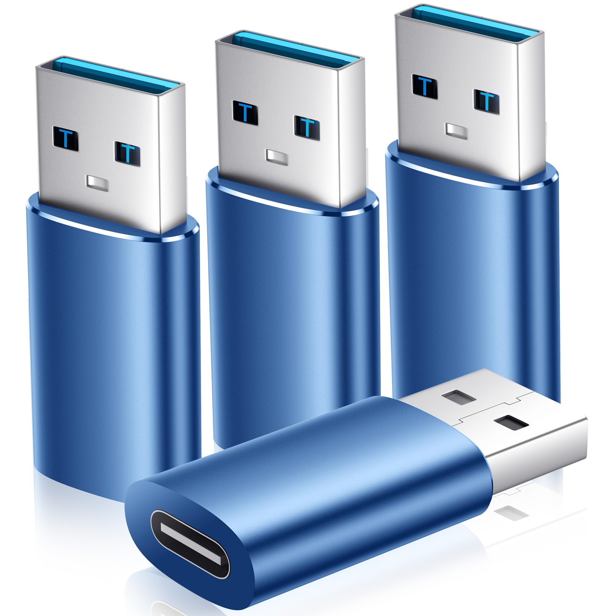 4-Pack USB to USB C Adapter - Compatible with Apple Watch Ultra/Series 8/7, iPhone 15/14/13/12 Pro Max/Plus, iPad 9/10/Air 5/Mini 6, Samsung Galaxy S23/S22 - Type C Female to USB A Male Charger Converter (Blue) - Perfect for Travel, Home & Car Charging