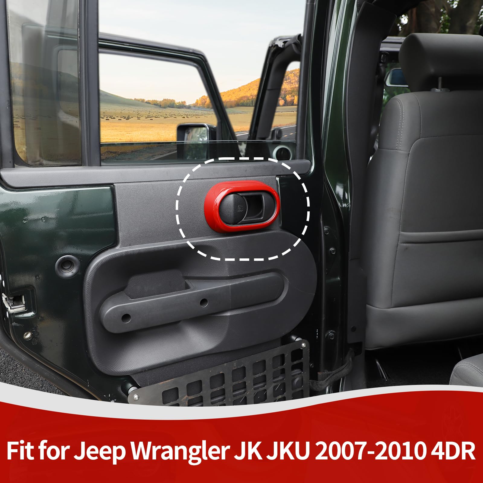 RT-TCZ Red Inner Door Handle Trim Cover for Jeep Wrangler JK JKU (2007-2010) - 4pcs Interior Accessories | Compatible with Sport, X, Sahara & Rubicon Models | Enhance Interior Style & Protection