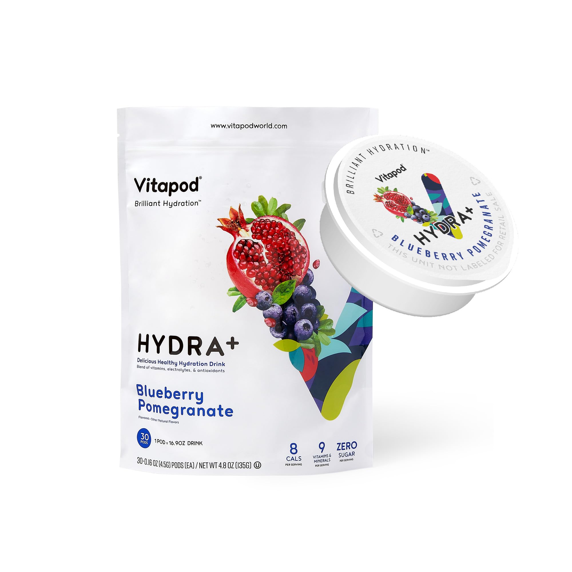 Vitapod Hydra+ Blueberry Pomegranate Hydration Drink Mix - 30 Pods with Electrolytes, Antioxidants & Vitamins C, A, D, E - Sugar Free Water Enhancer for Sports, Gym, Hiking & Daily Hydration