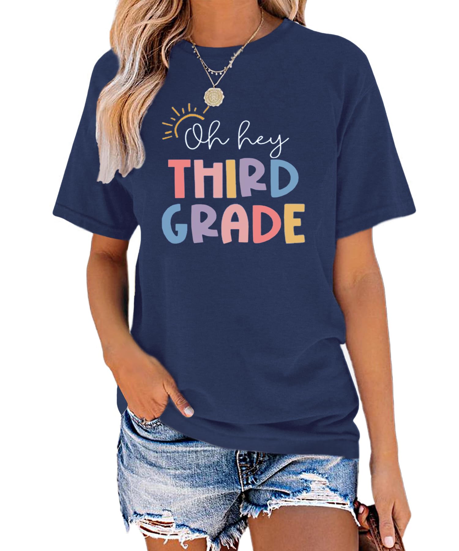 Funny First Day of School Teacher T-Shirts for Women - Cute Letter Print Back to School Outfits - Perfect for Classroom, Teacher Appreciation & School Events