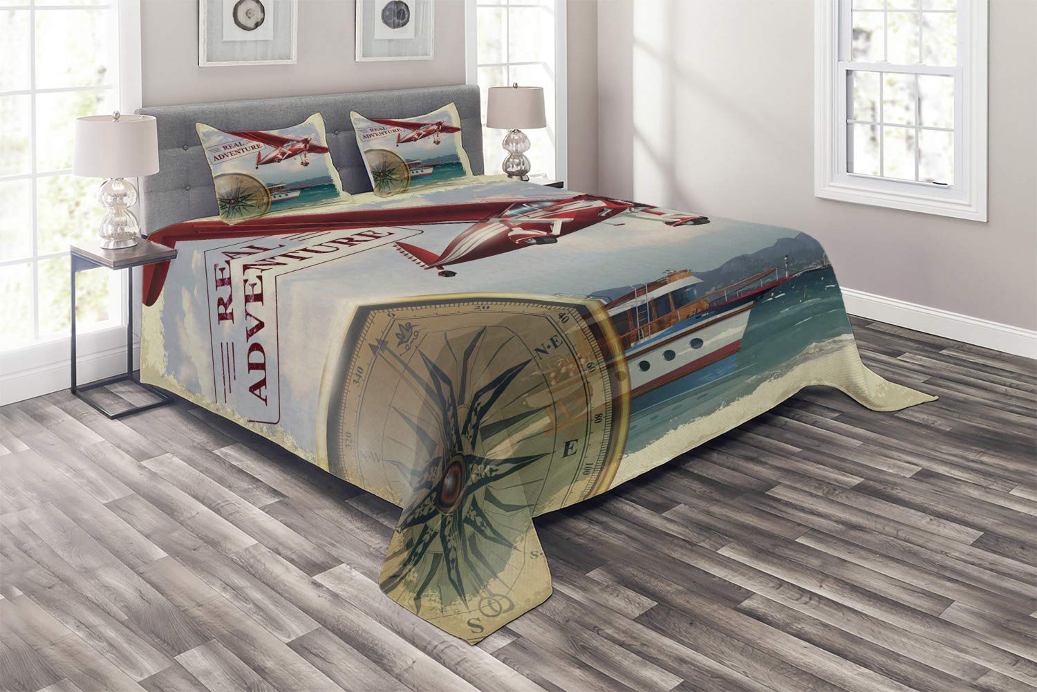 Ambesonne Adventure Themed 3-Piece Quilted Bedspread Set - Queen Size Coverlet with 2 Pillow Shams, Multicolor Travel Design Featuring Coastline & Red Airplane Journey Art | Perfect for Bedroom Decor, Guest Room Styling & Adventure-Themed Home Interiors