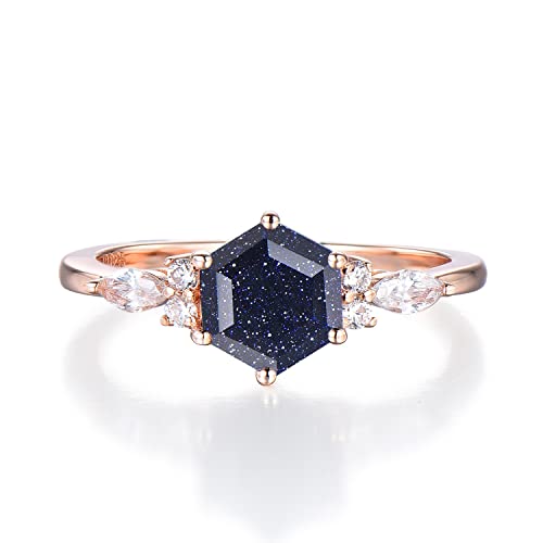 Galaxy Blue Sandstone Ring - Sterling Silver Hexagon Blue Sandstone Engagement Ring, Goldstone Ring in Rose Gold for Women, Size 4-10, Gift Box Included - Perfect for Anniversary, Promise, or Everyday Wear
