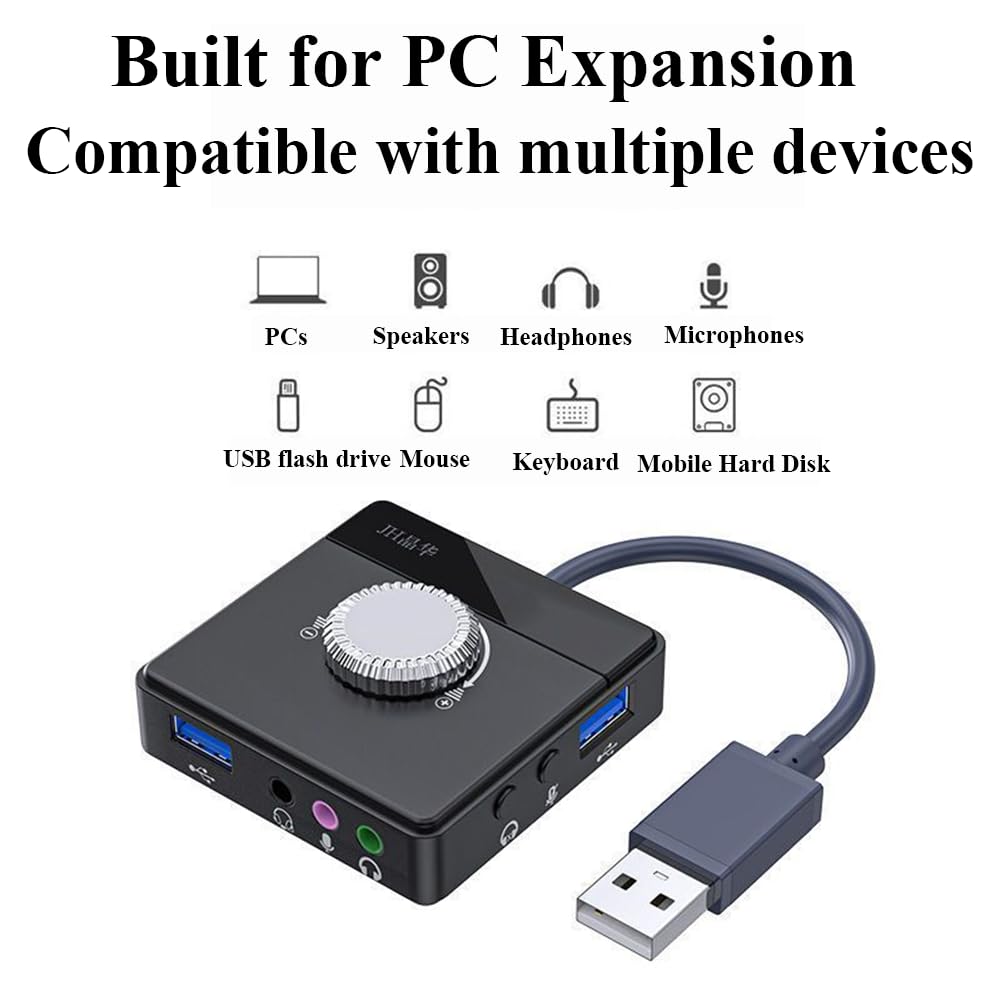 PEIYUI Max External USB Sound Card - 6-in-1 Audio Adapter for PC, Windows, Mac, Linux | 3.5mm & USB Interface with Volume Control | Plug & Play for Laptops, Desktops | Perfect for Gaming, Streaming & Conference Calls (Black)