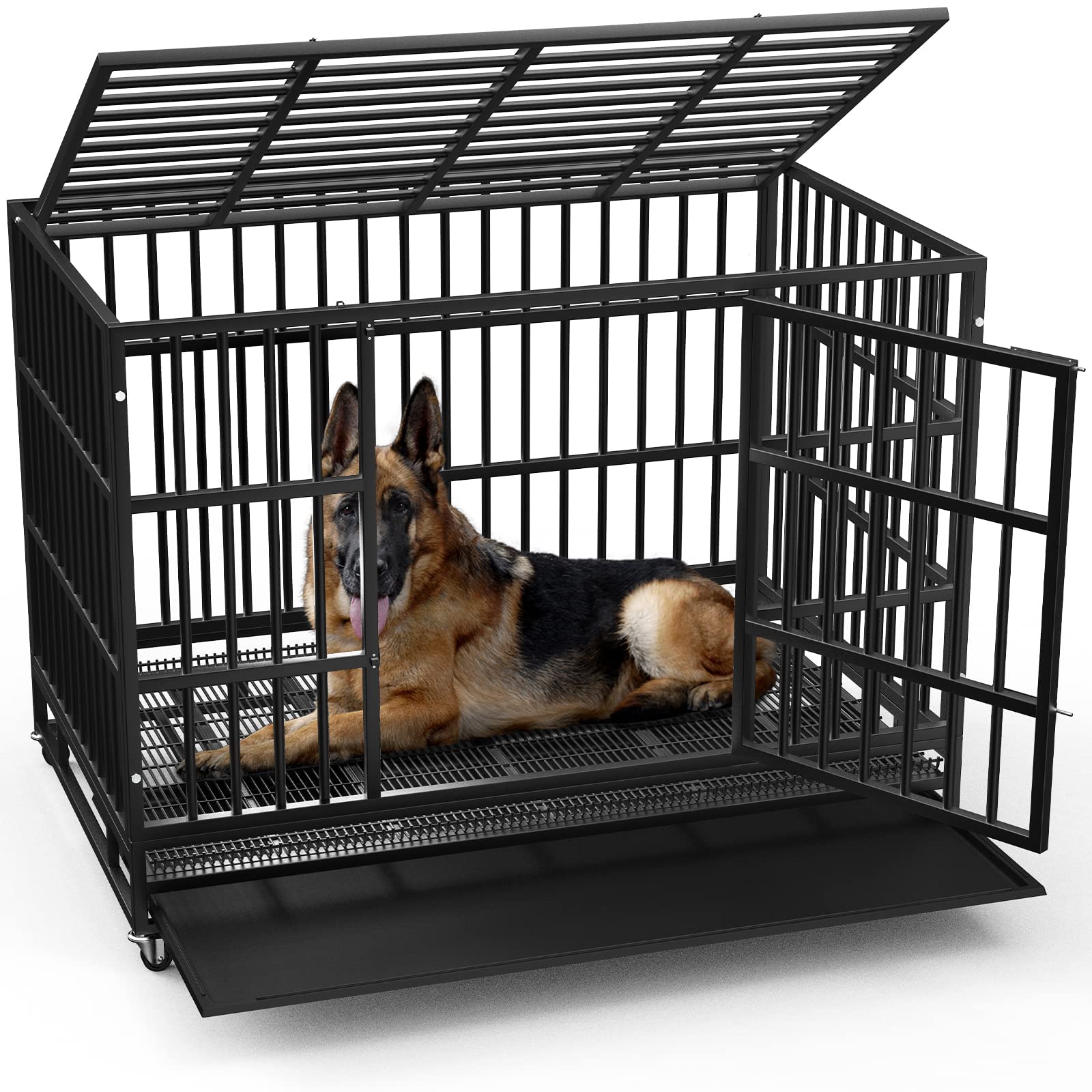 LEMBERI 48/38 Inch Heavy Duty Indestructible Dog Crate - Escape Proof Metal Dog Cage Kennel with Lockable Wheels & Double Doors for Large Dogs, XL Indoor Pet Crate with Removable Tray - Perfect for High Anxiety Dogs, Travel, Vet Visits & Home Training