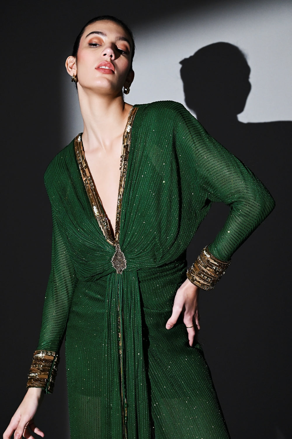 Elegant Emerald Green Draped Dress with Handcrafted Gold Embroidery - Perfect for Weddings, Parties & Special Occasions