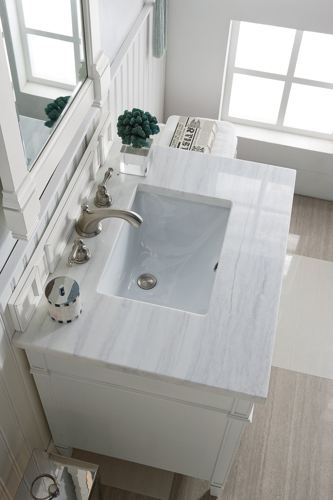 Brittany 30-Inch Single Bathroom Vanity with Arctic Fall Solid Surface Top - Bright White Finish | Perfect for Small Bathrooms & Powder Rooms