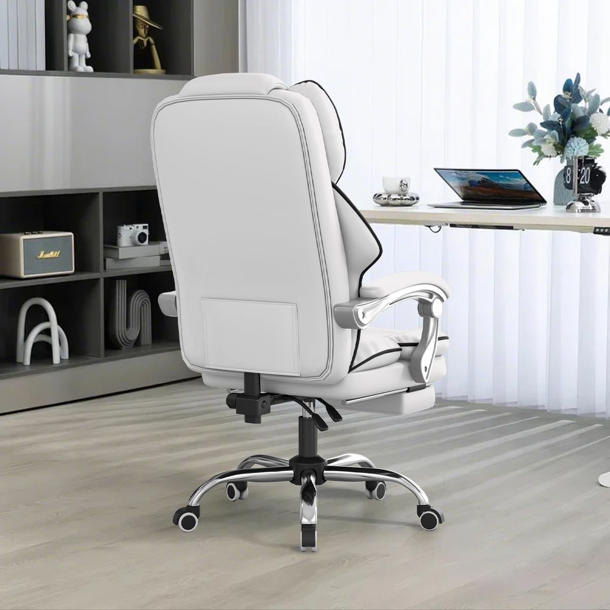 Ergonomic High Back Office Chair with Foot Rest & Wheels - Reclining Executive Desk Chair for Gaming, Work & Home Office - Comfortable Leather Computer Chair for Long Hours Sitting