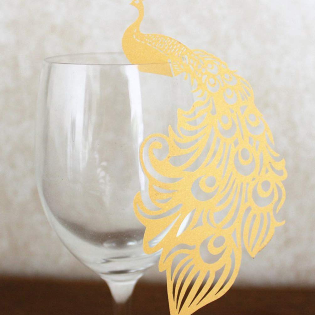 100pcs Elegant Peacock Glass Place Cards - Wine Glass Markers for Christmas Parties, Weddings & Events - Funny Drink Markers with Hollow Paper Inserts - Perfect for Table Settings, Name Cards & Business Cards