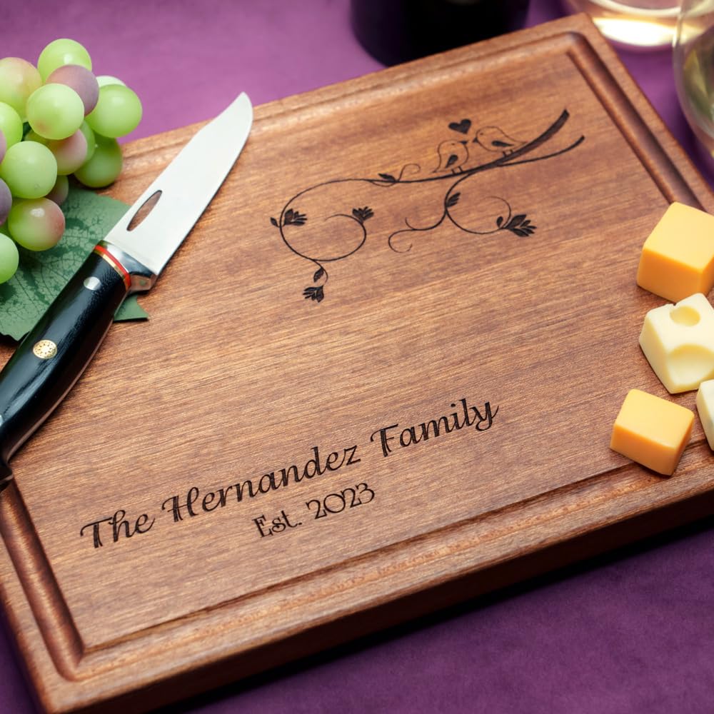 Straga Personalized Wood Cutting Boards - Handmade Engraved Charcuterie Board | Custom Wedding, Anniversary & Housewarming Gift for Couples, Newlyweds (Love Birds Design No.407) - Perfect for Cheese Platters, Charcuterie Displays & Romantic Gift Giving