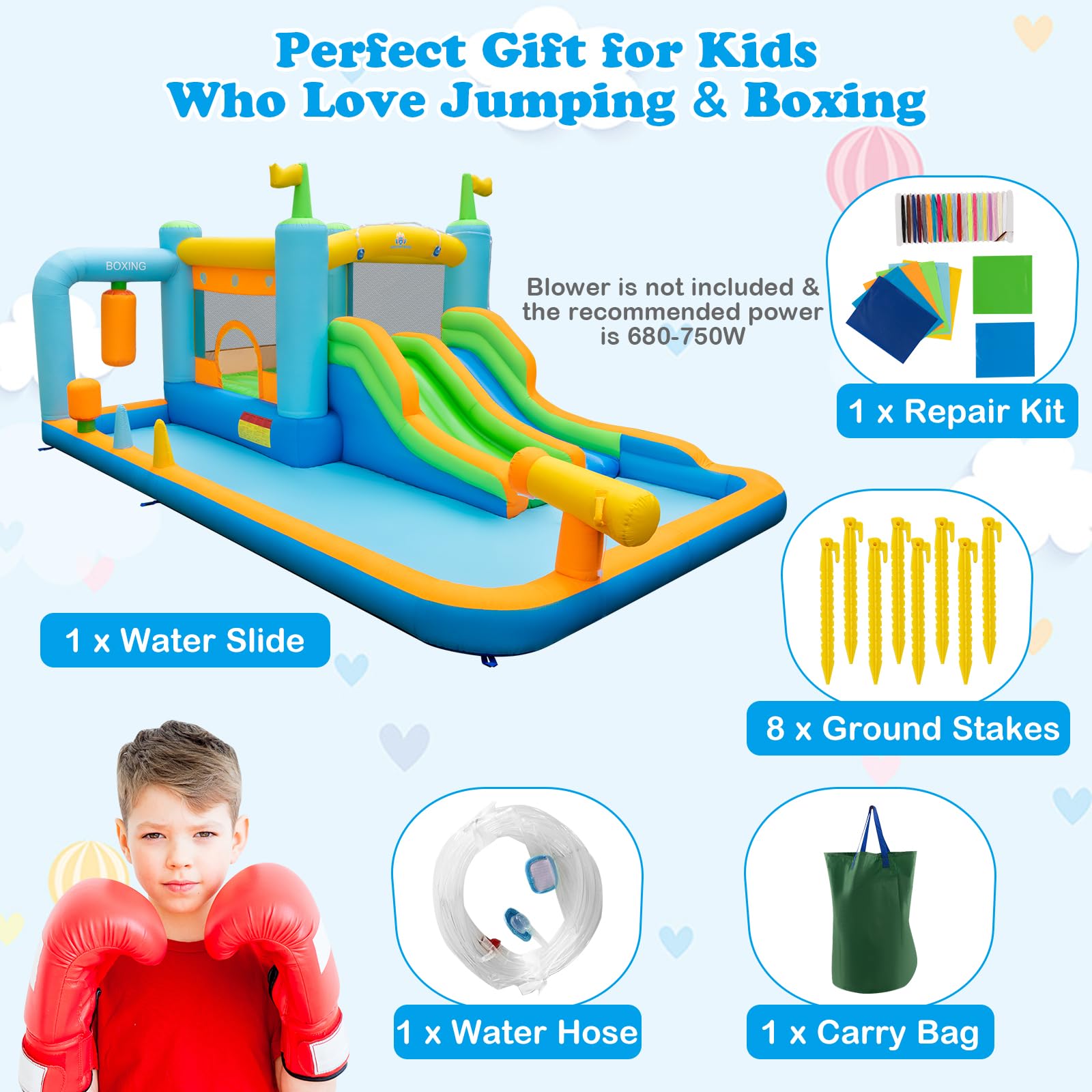 BOUNTECH Inflatable Water Slide - Boxing Theme Double Waterslide Bounce House for Kids, Blow Up Jump Castle for Boys & Girls Outdoor Birthday Party | Backyard Summer Fun, Pool Party Games, Water Play Activities