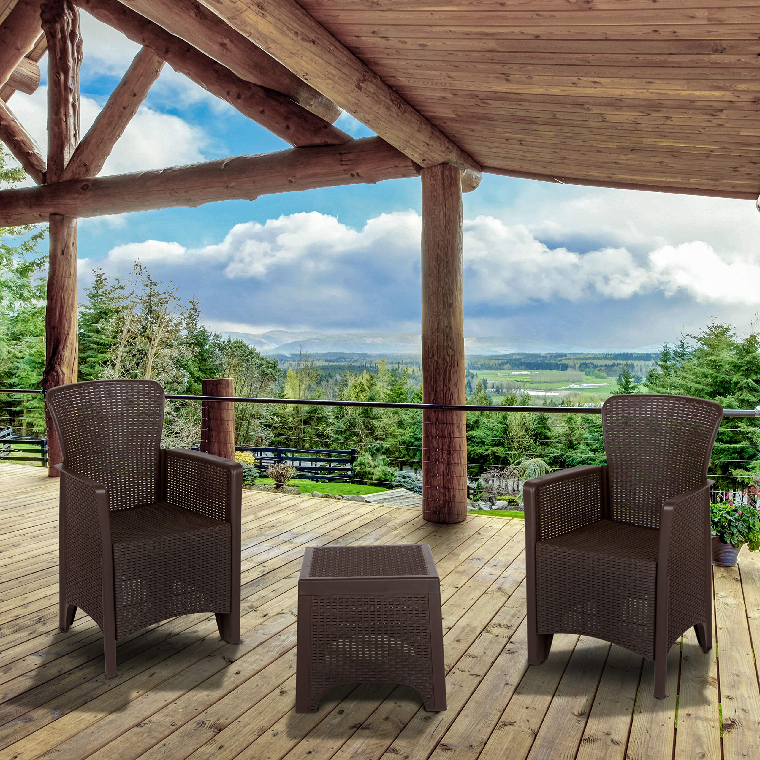 EMMA + OLIVER 4-Piece Chocolate Brown Faux Rattan Outdoor Dining Set - Plastic Wicker Patio Chairs with Matching Side Table for Garden, Poolside & Backyard Relaxation