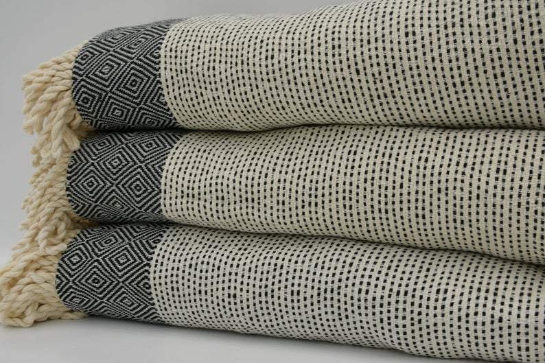 Premium 100% Cotton Round Beach Towel - Soft, Absorbent & Quick-Drying - Black & Beige Striped Design - Perfect for Pool, Beach, Yoga & Outdoor Activities