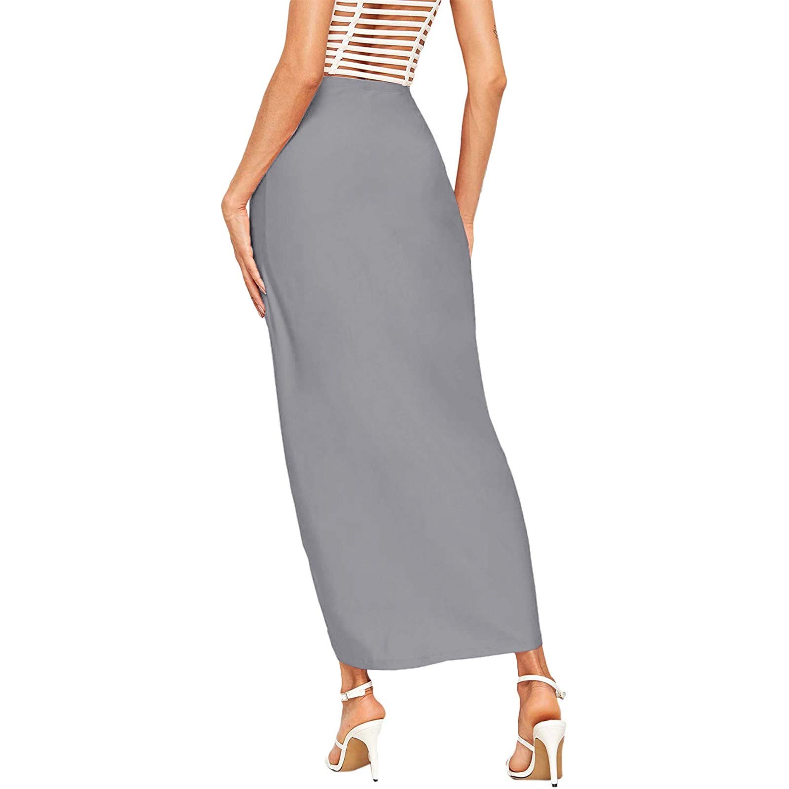 Women's Maxi Skirt with High Slit - Elastic Wrap Waist Asymmetrical Draped Casual Skirt in Solid Grey | Perfect for Summer Outfits, Beach Wear & Boho Fashion