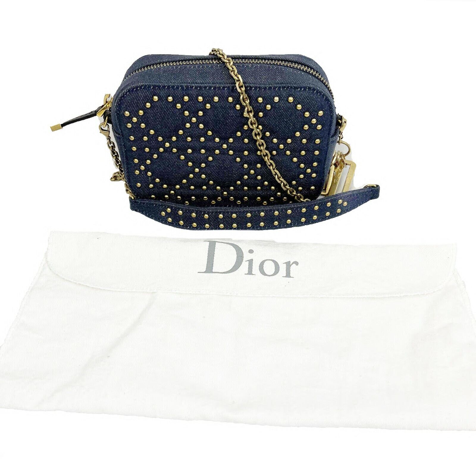 Christian Dior Lady Dior Antique Gold Denim Studded Camera Bag with Chain Strap - Elegant Crossbody Purse for Women, Perfect for Parties, Dating & Daily Use