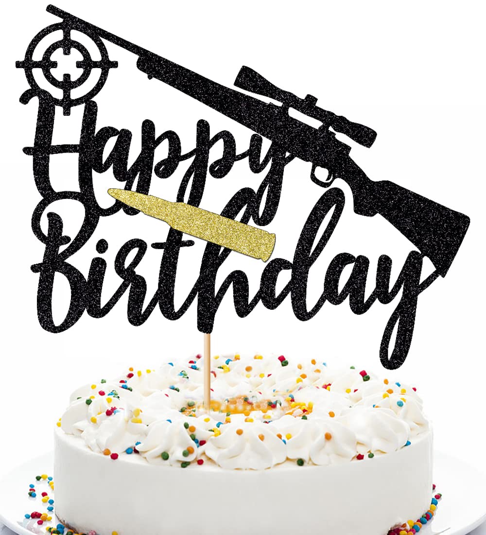 Qerleny Black Glitter Hunting Rifle Cake Topper - Realistic Bullet & Gun Cake Decor for Hunting Theme Parties, Birthday Celebrations & Outdoor Adventure Events