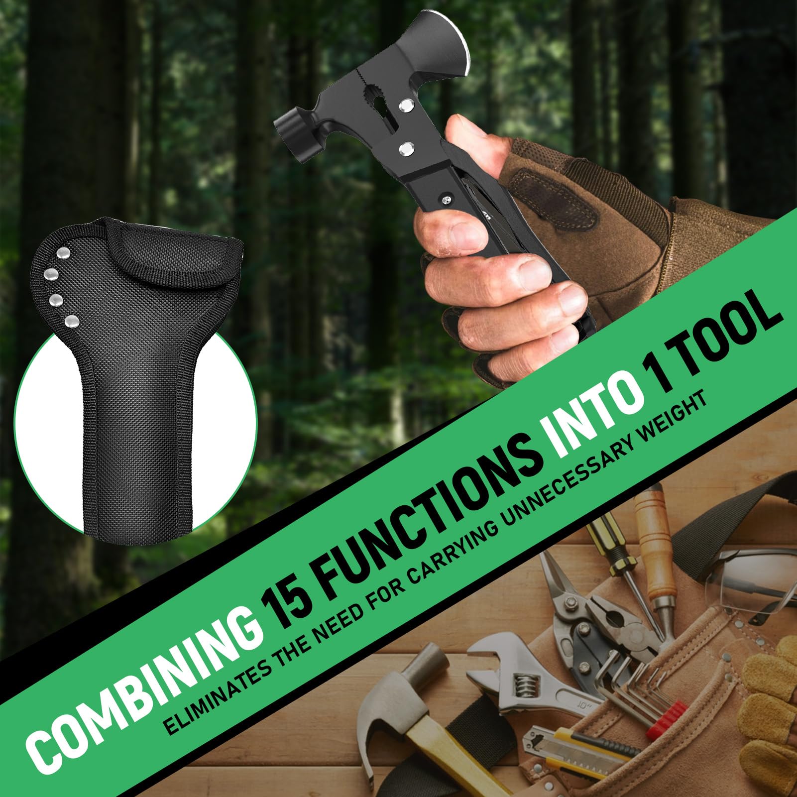 15-in-1 Multitool Axe Hatchet - Perfect Camping & Hiking Essential Tool for Men, Dad, Husband - Durable Black Outdoor Survival Gear - Great Birthday Gift for Him - Ideal for Backpacking, Wood Cutting & Emergency Situations