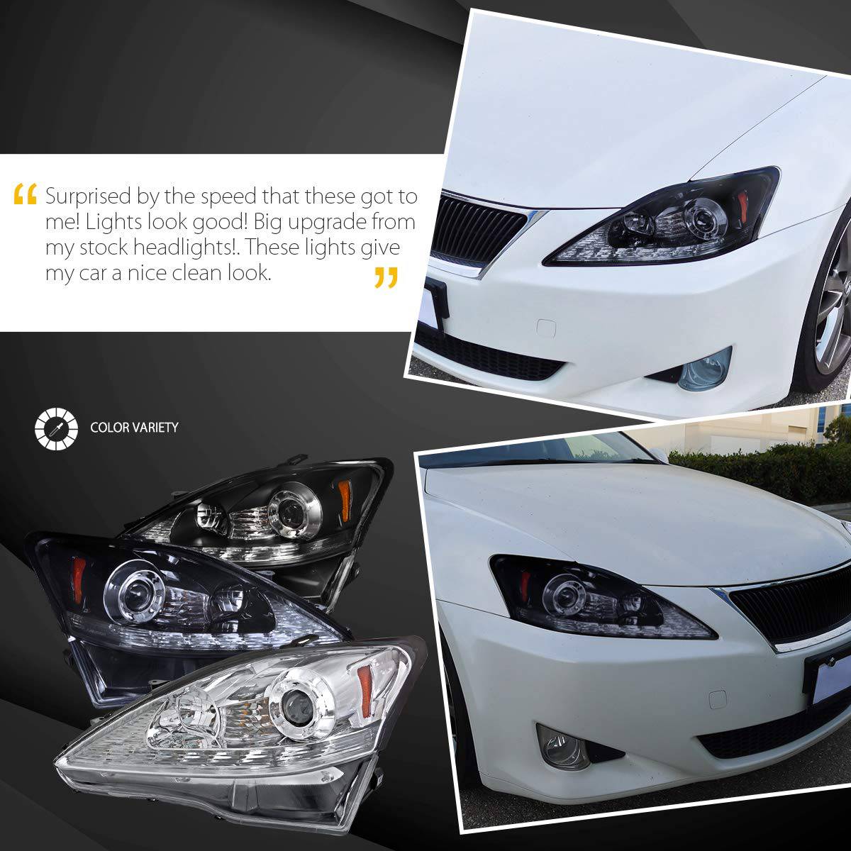 2006-2009 Lexus IS250 IS350 Projector Headlight Housing Kit - Glossy Black SMD LED Replacement for Improved Night Visibility - Perfect for Car Upgrades & Night Driving Safety