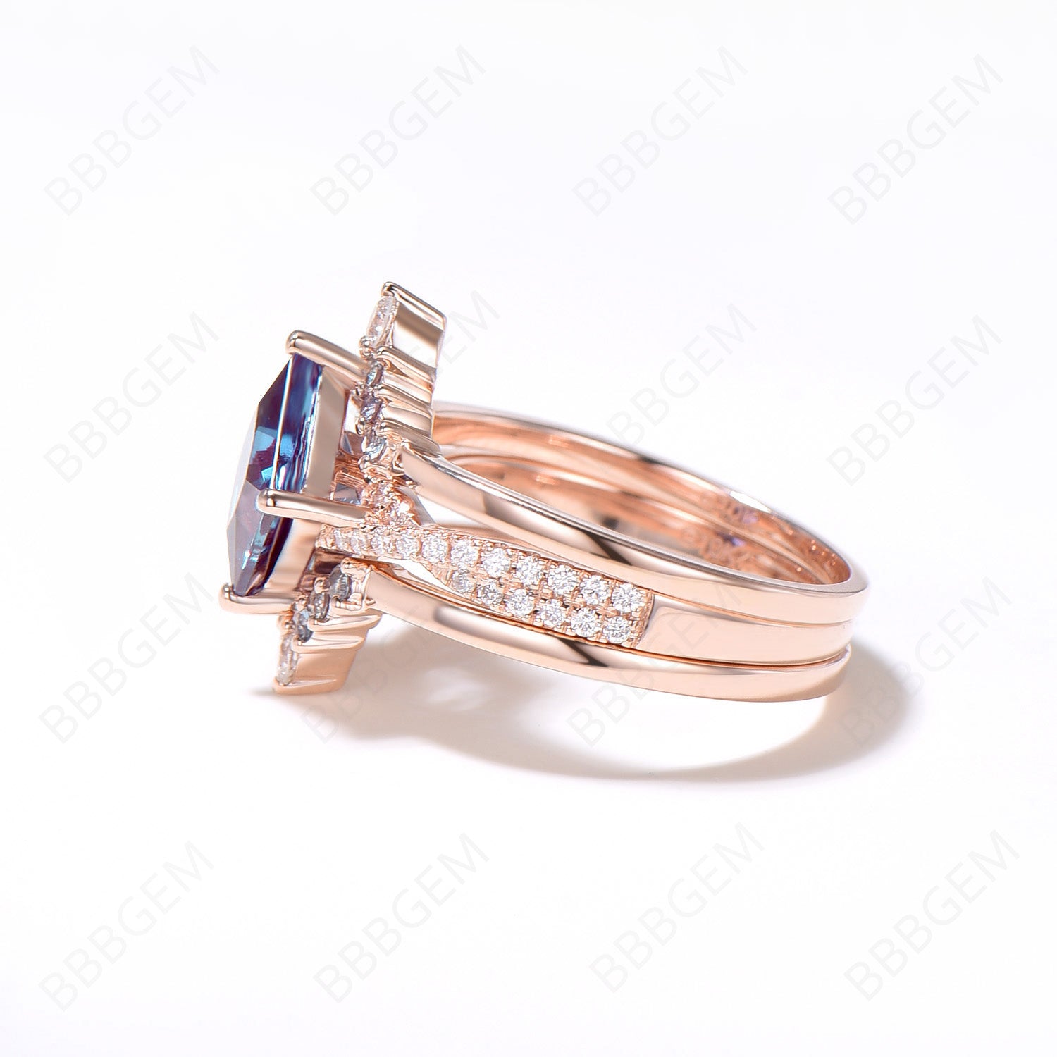 3-Piece Alexandrite Engagement Ring Set | Infinity Twist Moissanite & Diamond Wedding Ring in 14K Rose Gold | Princess Cut Alexandrite Bridal Jewelry Set for Proposals, Anniversaries & Special Occasions
