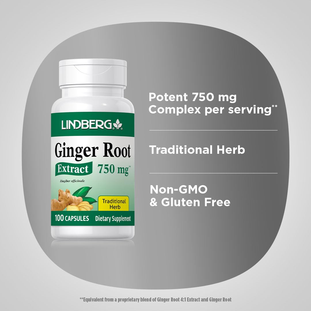 Lindberg Ginger Root Capsules 750mg | 100 Count | Non-GMO, Gluten Free Dietary Supplement | Supports Digestion & Nausea Relief | Perfect for Travel, Morning Sickness & Motion Sickness
