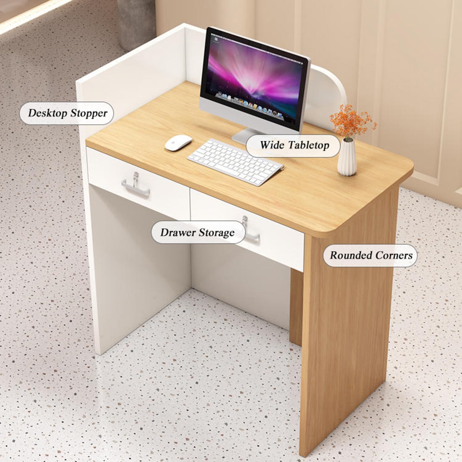 Small Reception Desk with Lockable Drawer - Wooden Front Counter for Retail Stores, Convenience Stores & Clothing Shops - Checkout Counter in White & Wood Grain Finish - Perfect for Customer Service Areas, Boutiques & Small Business Reception Spaces