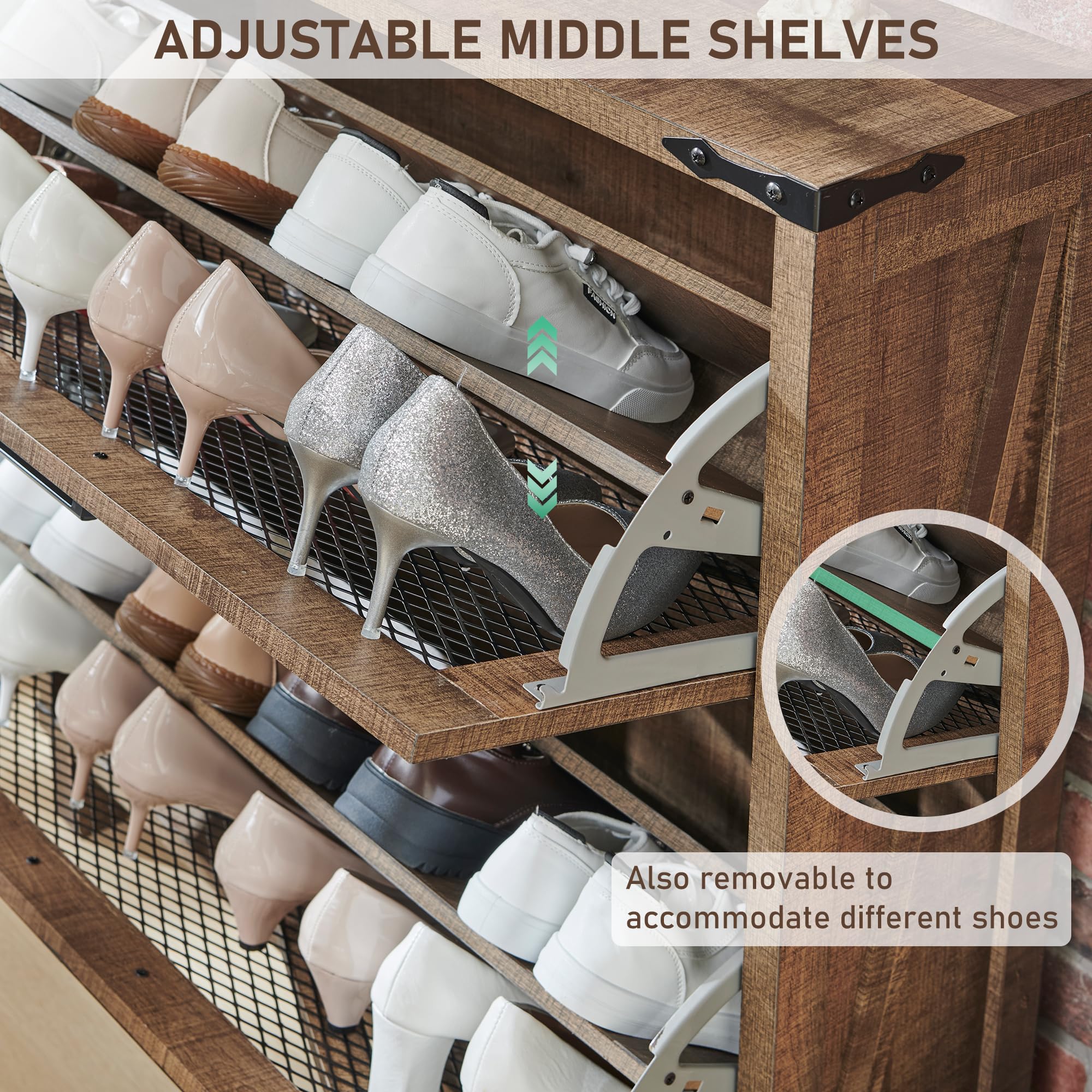 Farmhouse Shoe Cabinet with 2 Flip Drawers & Adjustable Shelves - Rustic Wooden Shoe Organizer with Mesh Doors for Entryway Storage - Light Brown Small Shoe Cabinet for Hallway, Mudroom or Closet Organization