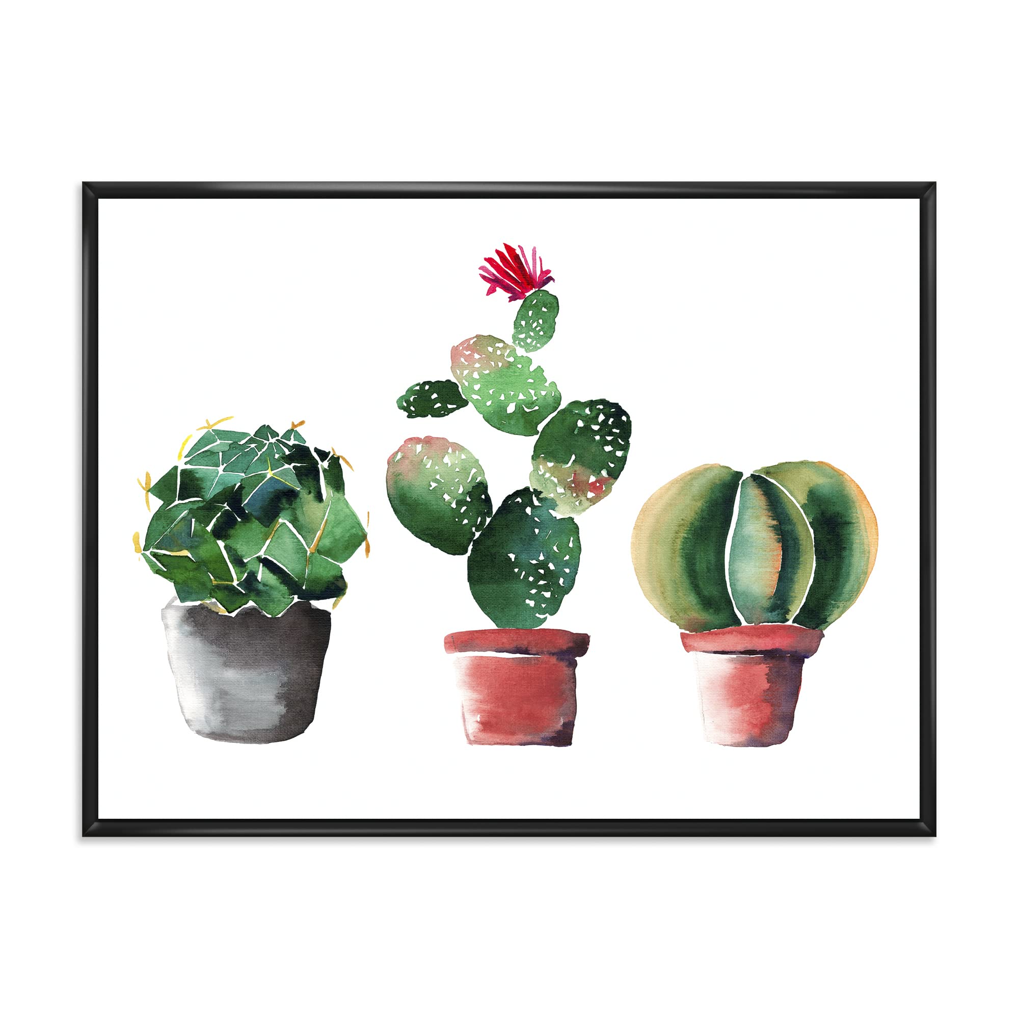 DesignQ Three Cactus In Clay Pots - Traditional Framed Canvas Wall Art Print for Home & Office Decor | Southwestern Style Wall Hanging | Perfect for Living Room, Bedroom or Workspace