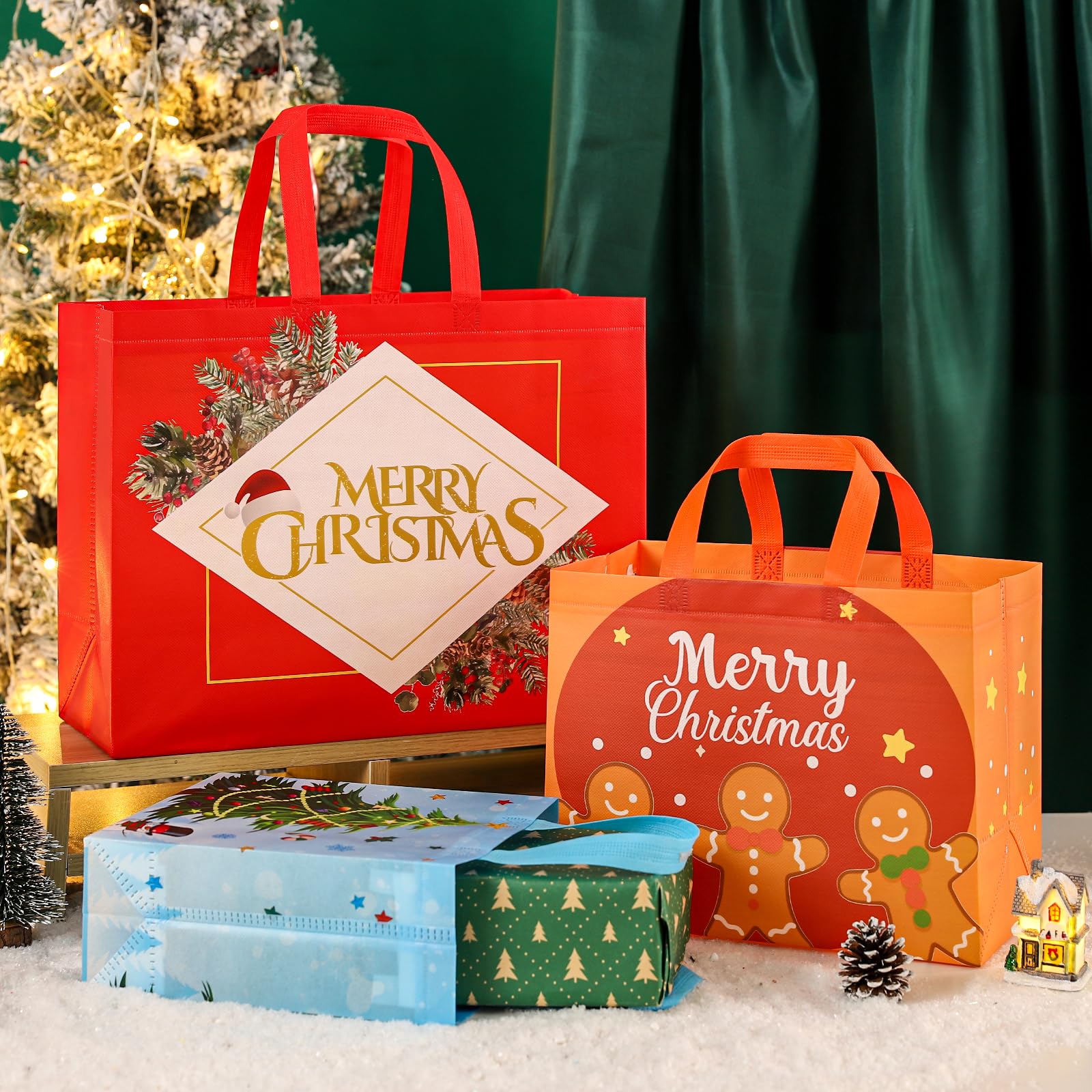 20 Pack Reusable Christmas Gift Bags with Handles - Assorted Sizes (4 Large, 8 Medium, 8 Small) - Eco-Friendly Non-Woven Fabric for Holiday Party Favors, Stocking Stuffers & Gift Wrapping