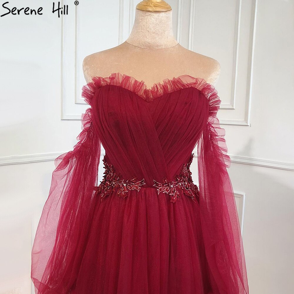 Elegant Wine Red Evening Gown with Long Puff Sleeves & Lace-Up Detail - Women's Sexy Party Dress for Formal Events, Prom, Wedding Guest & Special Occasions