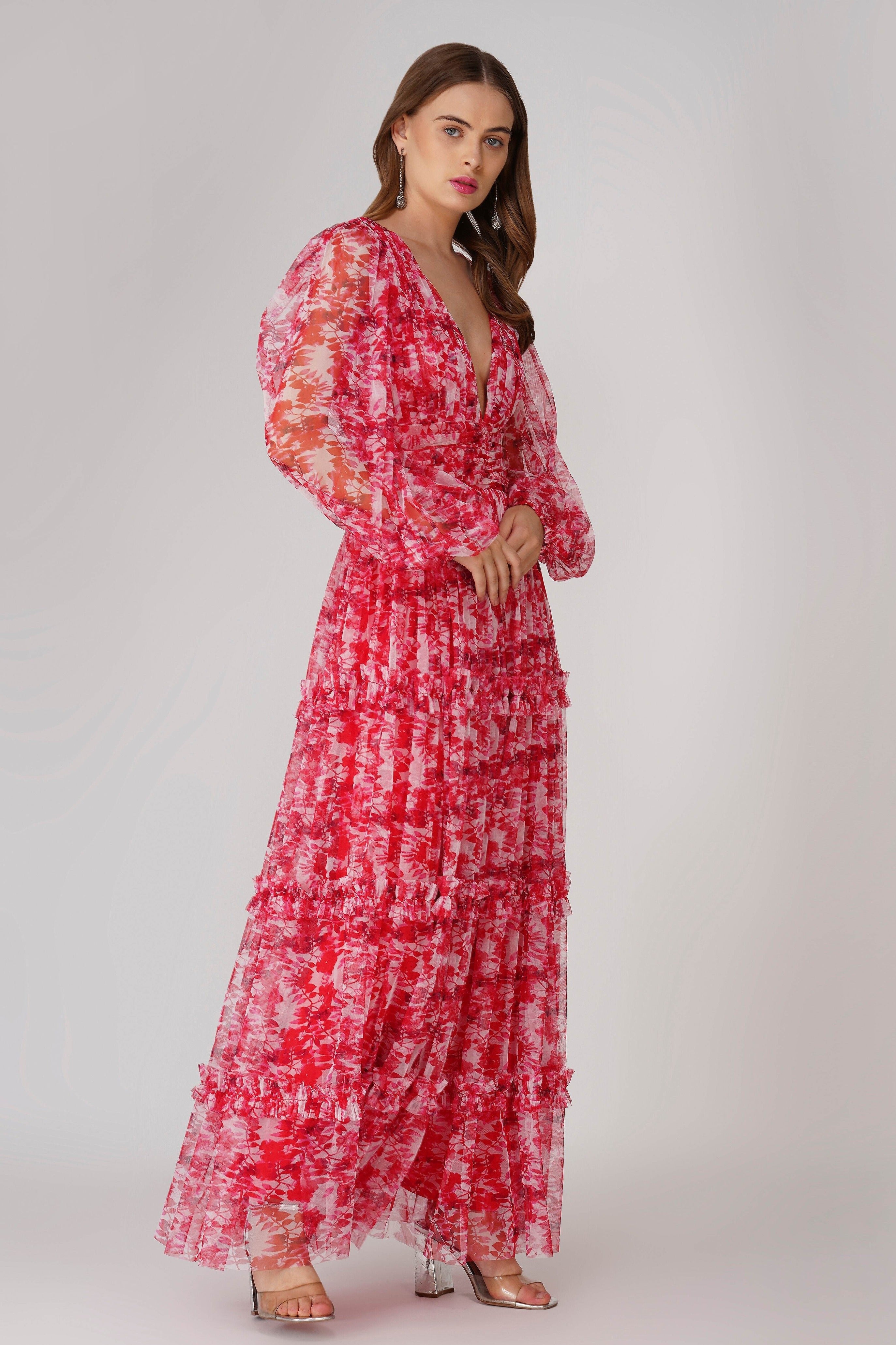 Lydia Women's Maxi Dress - Red Floral Print Long Summer Dress for Beach, Vacation & Casual Wear | Plus Size Options Available