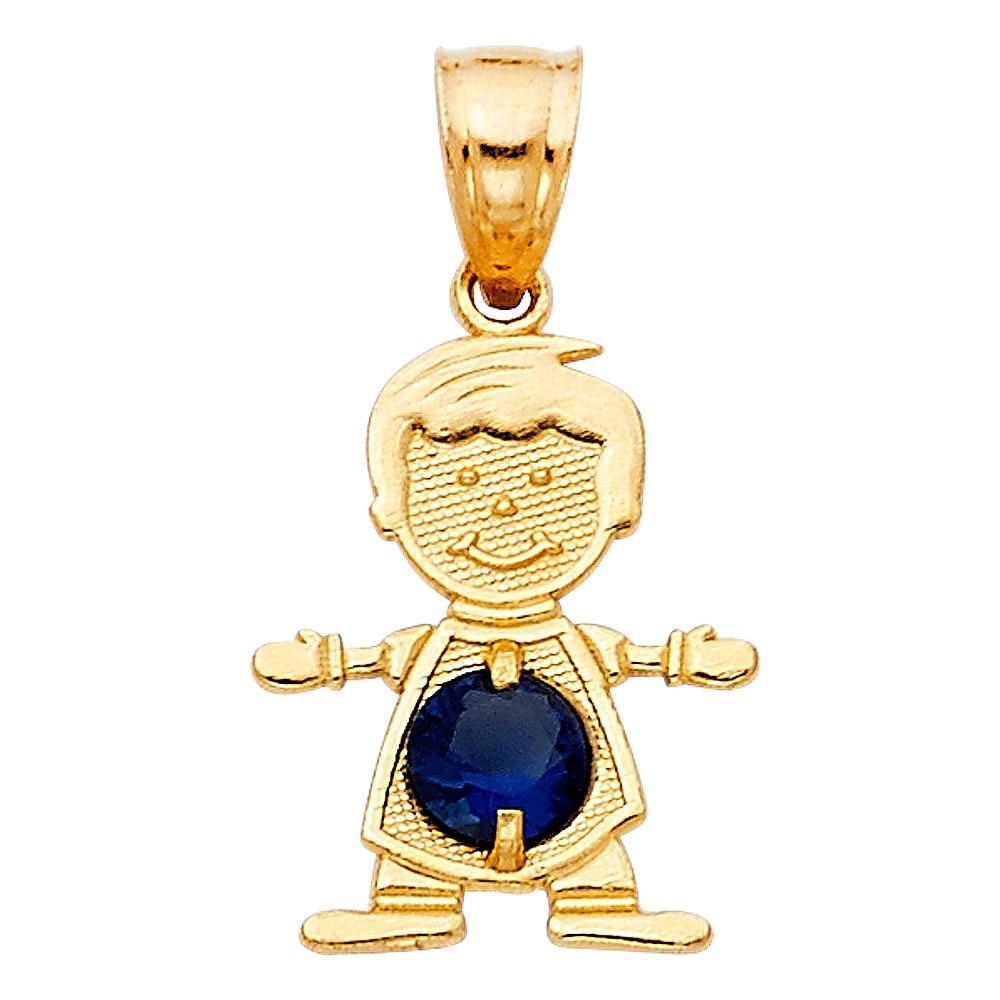 14K Yellow Gold September Birthstone Cubic Zirconia CZ Boy Charm Pendant with 1.2mm Flat Open Wheat Chain Necklace - Elegant Jewelry Gift for Mom, Wife, Girlfriend | Birthday, Anniversary, Valentine's Day Present
