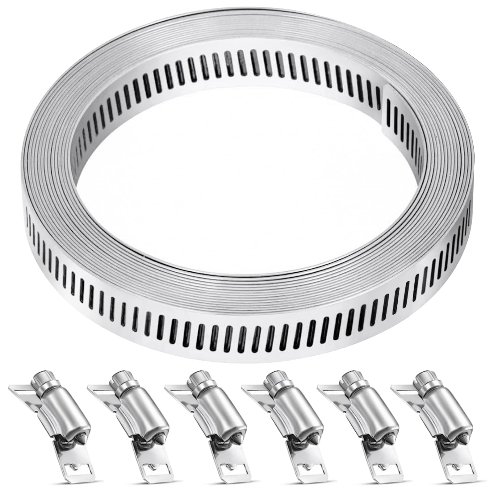 8.5 Ft Stainless Steel Hose Clamp Kit - Adjustable Worm Gear Clamps with 6 Fasteners for Ductwork, Automotive, Mechanical & Dryer Vents | DIY Plumbing, HVAC & Car Repair Solutions
