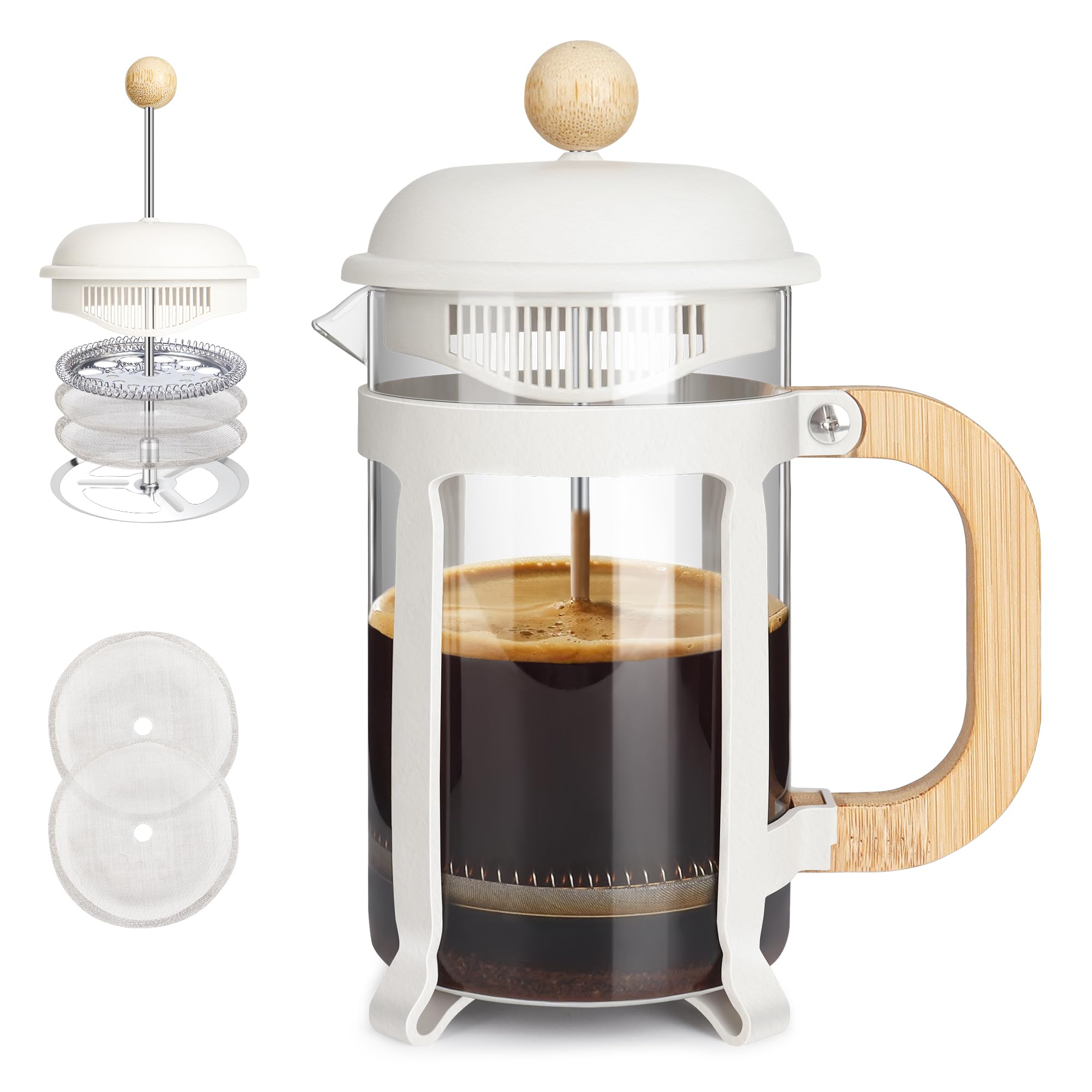 Premium 28oz French Press Coffee & Tea Maker - 304 Stainless Steel with Heat-Resistant Glass - White - Perfect for Home, Office & Camping Brewing