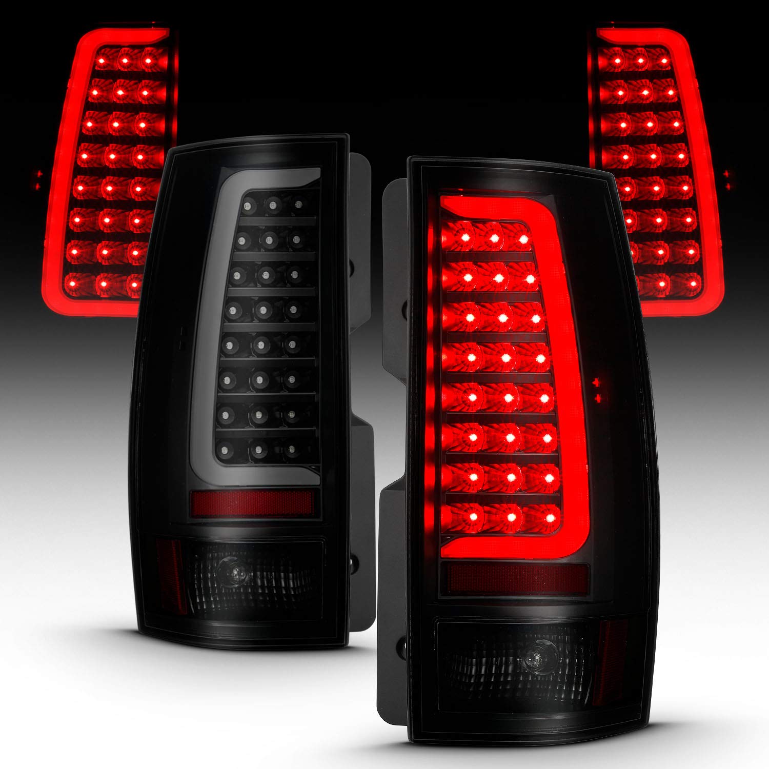 AmeriLite Replacement Dark C-Type LED Tail Lights for 2007-2014 Chevy Tahoe Suburban & GMC Yukon XL Denali - Black Smoke Halogen Tube Light Assembly (Pair) - Perfect for Night Driving and Enhanced Vehicle Style