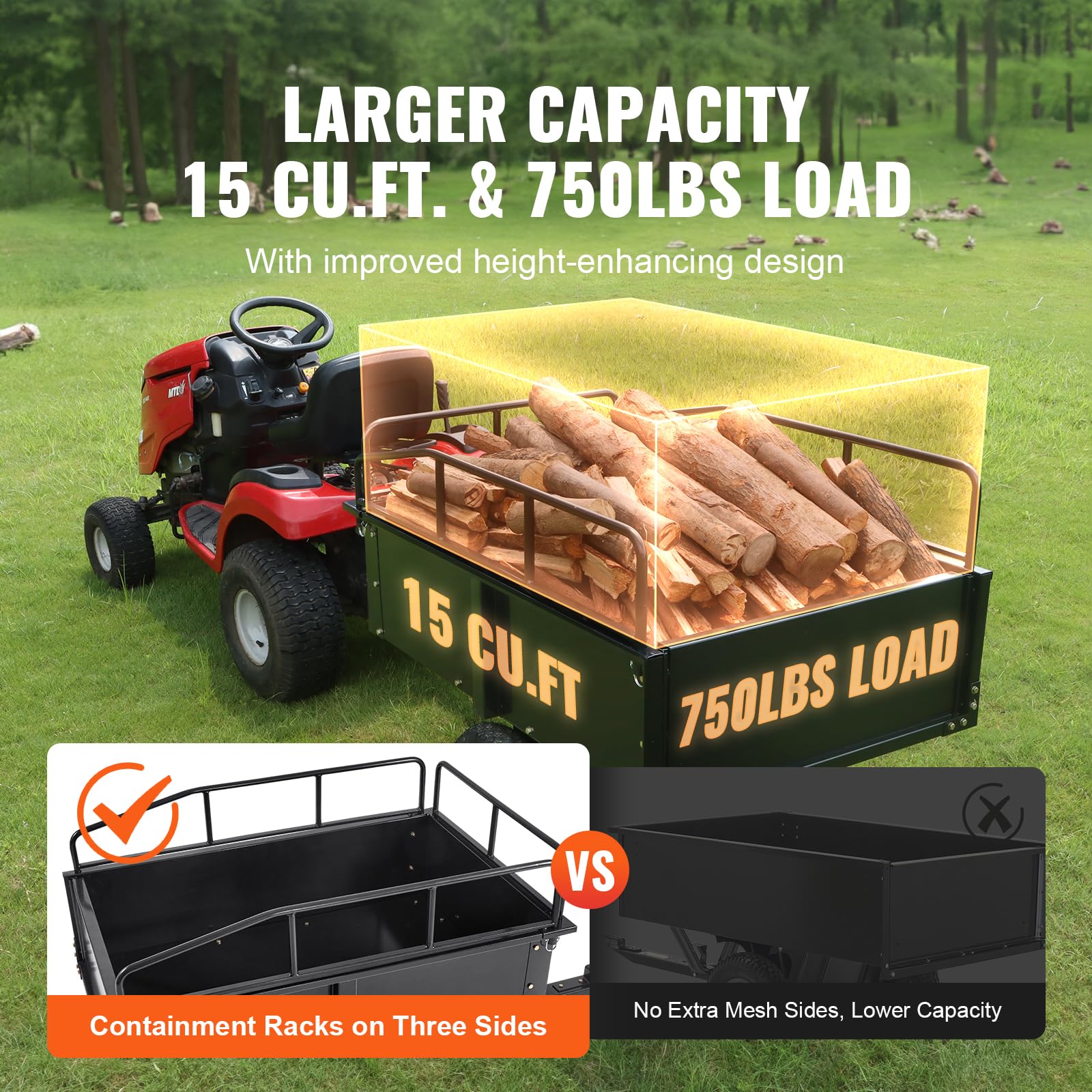 VEVOR Heavy Duty ATV Trailer - 750 lb Capacity Steel Dump Cart with Removable Sides, 15 Cubic Feet Utility Garden Trailer for Lawn Mower, Tractor, Farm & Landscaping Use