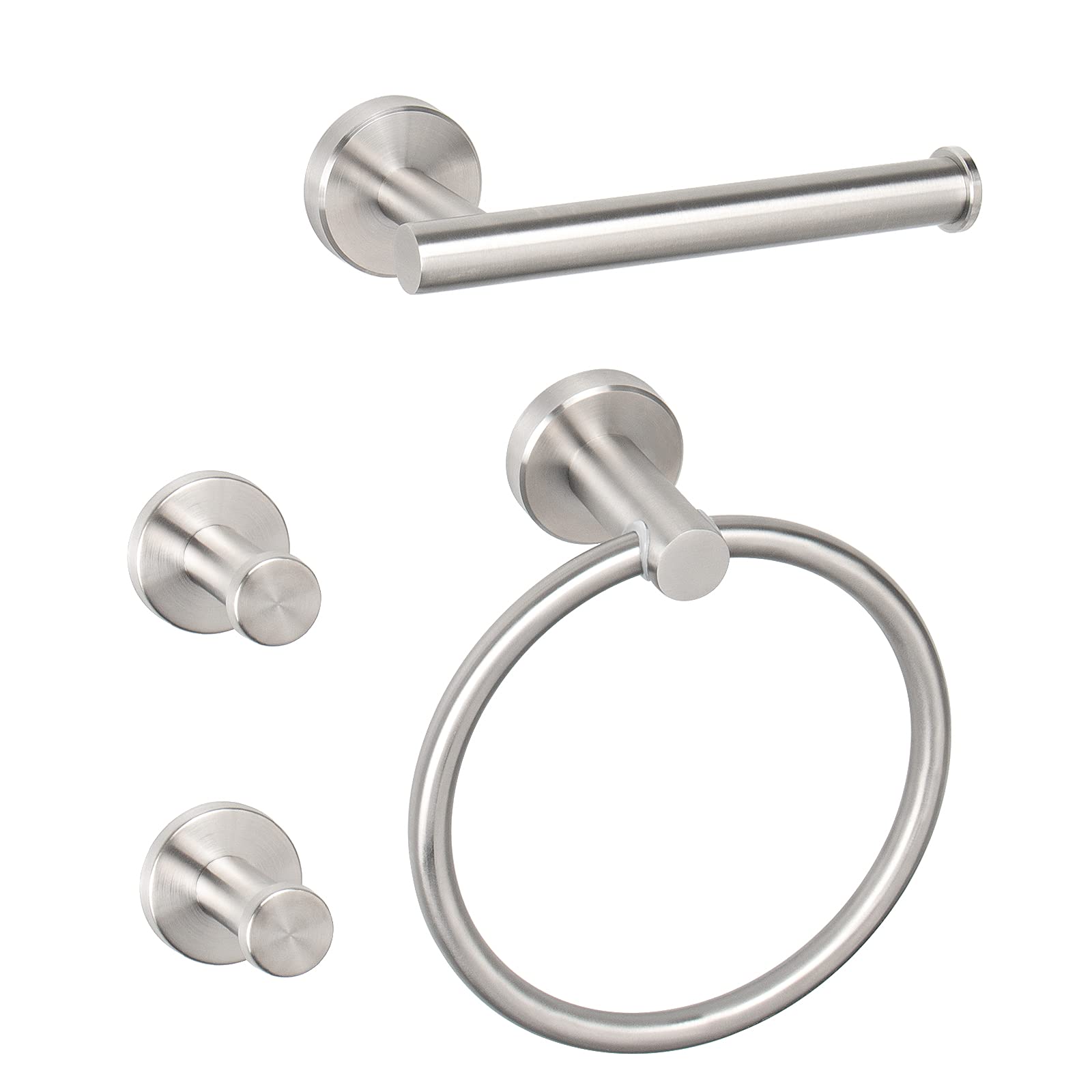 NearMoon 4-Piece Bathroom Hardware Set - Brushed Nickel Stainless Steel Wall Mounted Towel Ring, Toilet Paper Holder & 2 Robe Hooks | Complete Bath Accessories for Modern Home & Luxury Hotel Style Bathrooms