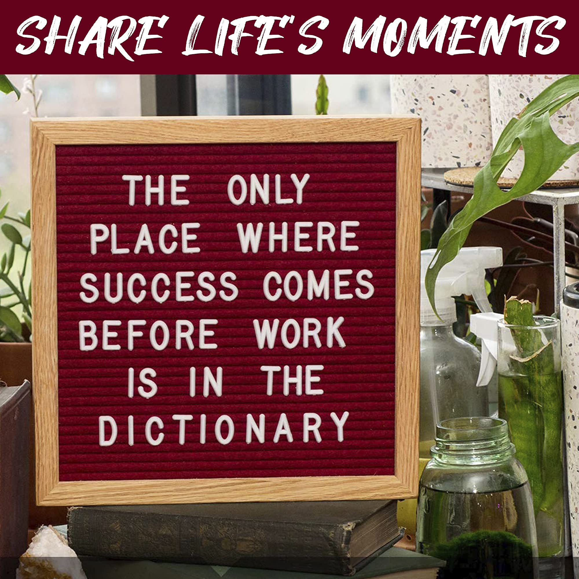 10x10 Inch Felt Letter Board with 300 Changeable Letters - White Oak Frame Message Board for Baby Announcements, Milestones, Office Decor | Perfect for Home Nursery, Wedding Signs, Restaurant Menus & Classroom Displays (Sangria)