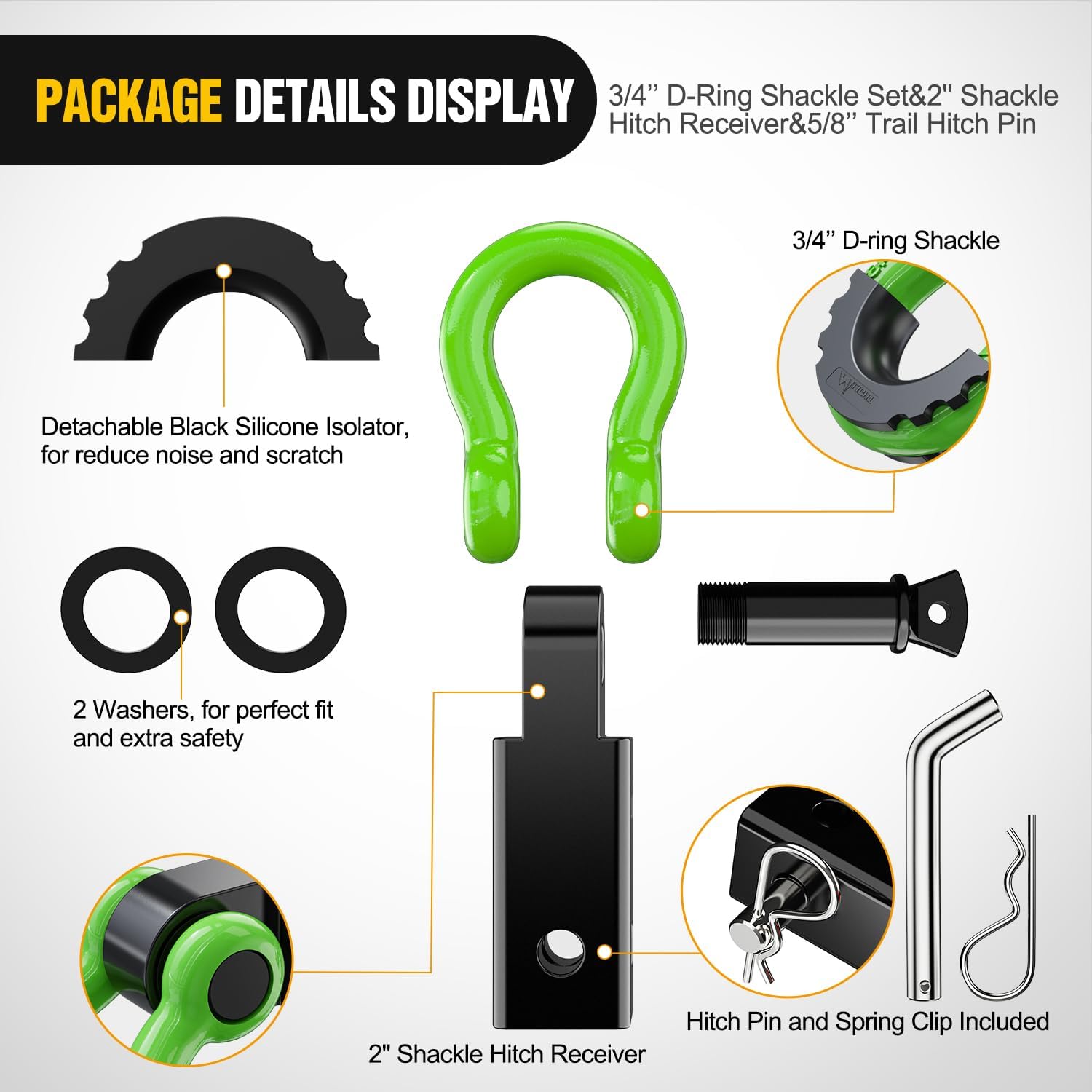 2 Inch Shackle Hitch Receiver with 3/4 Inch D Ring Kit - Heavy Duty Off-Road Towing Accessory for Trucks, Jeeps & Trailers (Green) - Perfect for Recovery, Towing & Off-Road Adventures