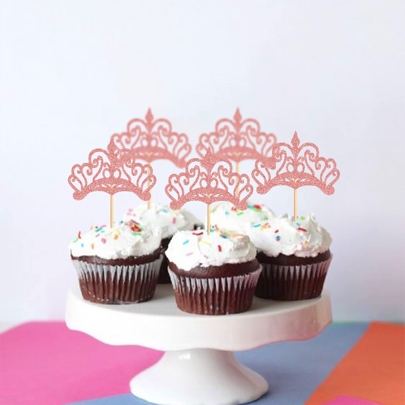 24 Pack Princess Crown Cupcake Toppers - Rose Gold Cupcake Picks for Royal Baby Showers, Birthday Parties & Princess Themed Decorations - Perfect for Wedding, Bridal Shower & Kids Birthday Cake Decorating