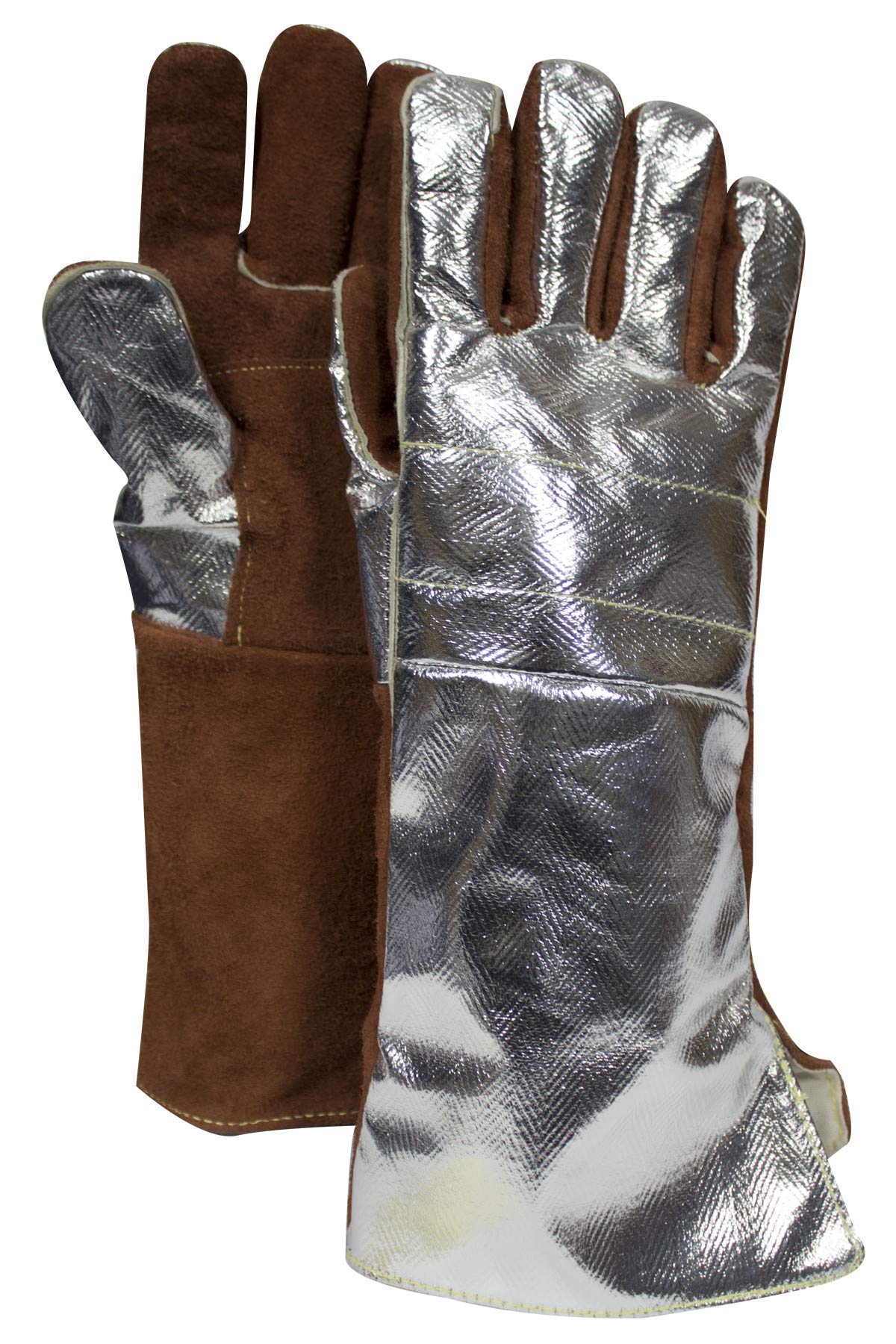 NATIONAL SAFETY APPAREL Extreme Heat Resistant Work Gloves - Rayon Back & Thermal Leather Palm, 1000°F Heat Tested, Large Size (Aluminized Back/Red Palm) for Welding, Foundry Work & High-Temperature Industrial Applications