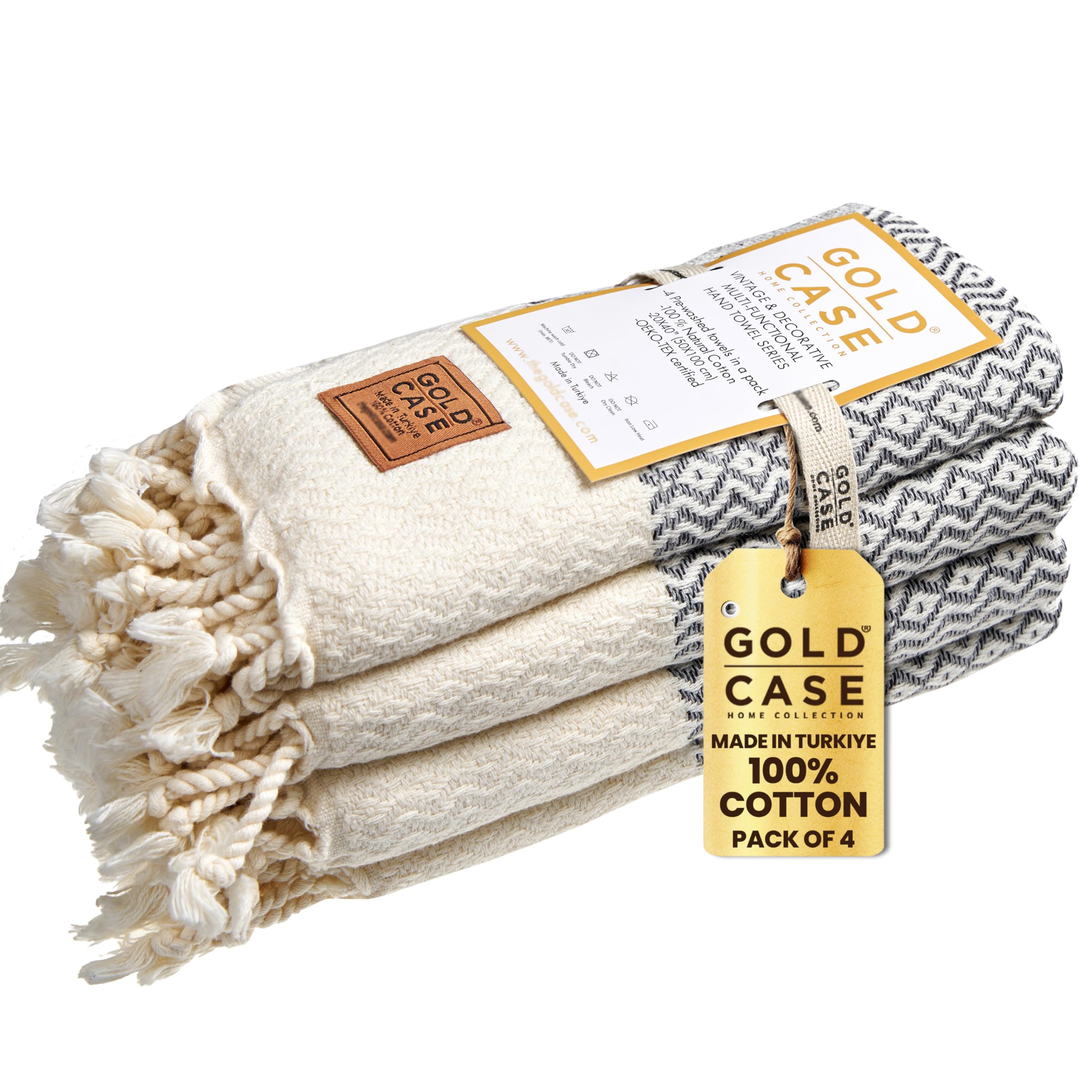 Premium 100% Cotton Turkish Hand Towels Set of 4 - 20x40 Inch Luxury Bath Towels for Spa, Face & Kitchen - Soft Grey Decorative Zeus Towels for Bathroom, Guest House & Hotel Use