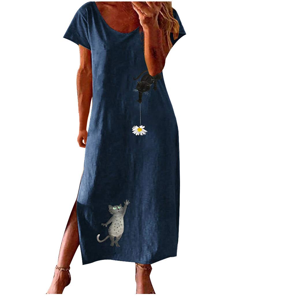 Women's Summer Dresses - Fashionable Plus Size Cotton Linen Cat Print O-Neck Long Dress with Side Slit | Perfect for Beach Vacations, Date Nights & Casual Outings