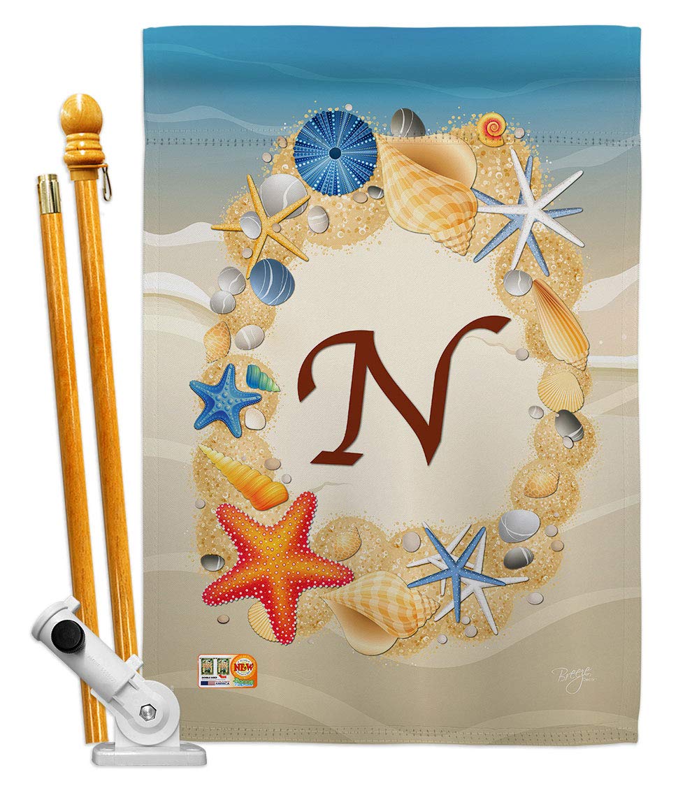 Summer N Initial Coastal Beach House Flag Set - 28x40in for Outdoor Decor