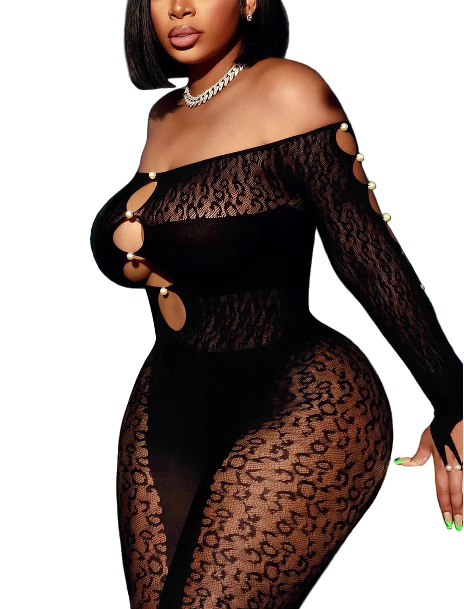 Avidlove Women's Long Sleeve Fishnet Bodystocking - Leopard Print Rhinestone Lingerie Set, Cut Out Jumpsuit for Valentine's Day & Romantic Nights