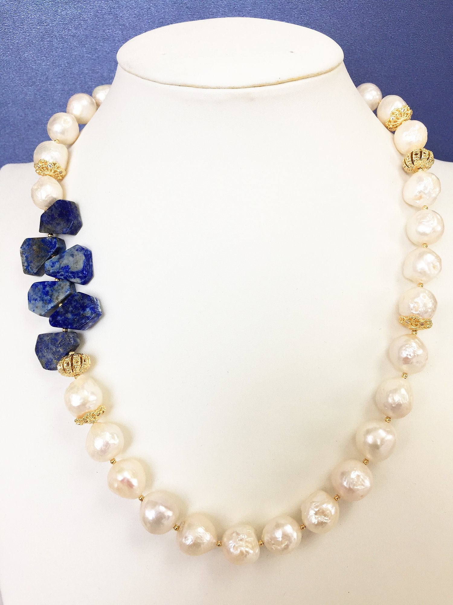 Exquisite Freshwater Pearl & Lapis Lazuli Flower Statement Necklace MN040 - Elegant Jewelry for Weddings, Parties & Special Occasions
