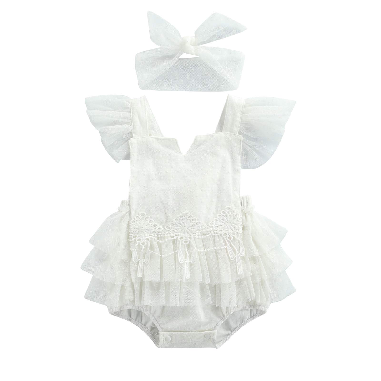 Newborn Baby Girl Romper - Lace Tutu Dress Bodysuit with Ruffle Sleeves & Headband | Summer Outfit for Photoshoots, Birthday Parties & Special Occasions